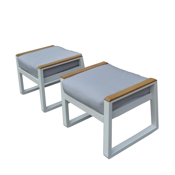 Claustro 2 Piece Outdoor Garden White Iron Footstools with Grey Cushions - CL2950785