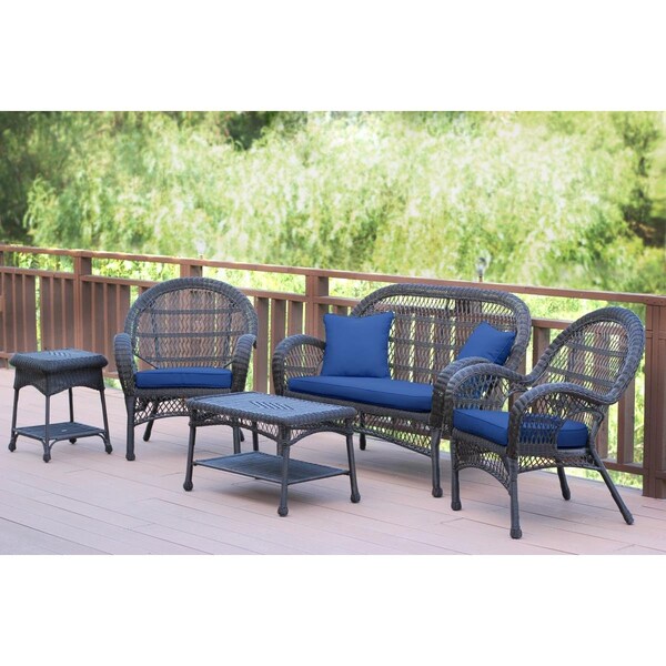 Jeco 5 Piece Santa Maria Espresso Wicker Conversation Set, Navy Blue Cushion - W00208-G-OT-FS011
