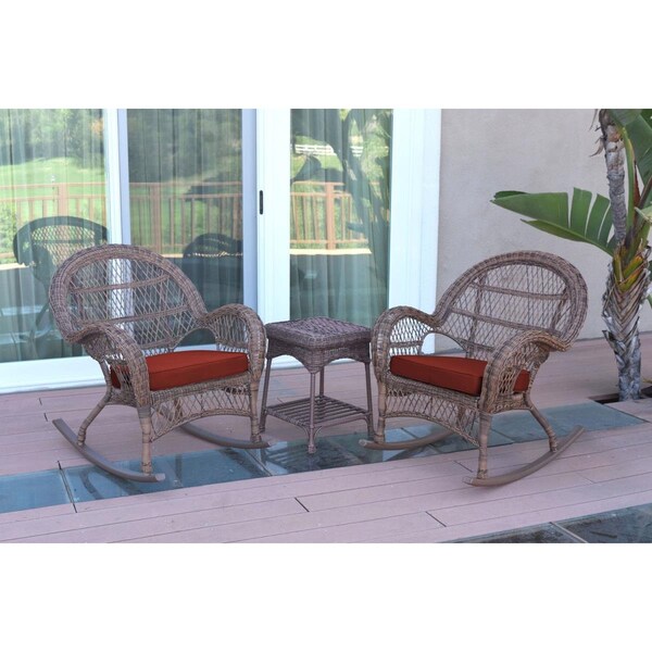 Propation W00210-2-RCES018 3 Piece Santa Maria Honey Rocker Wicker Chair Set; Brick Red Cushion - PR1081405