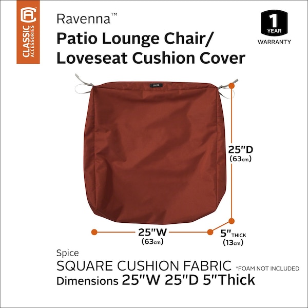 Classic Accessories Ravenna Water-Resistant 25x25x5" Patio Seat Cushion Cover, Spice - 60-402-011701-RT