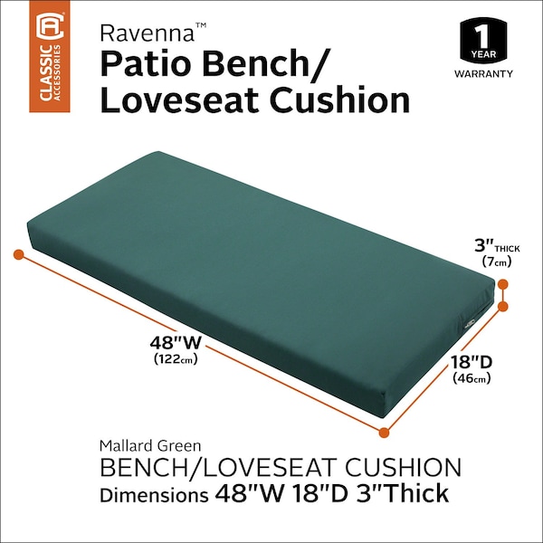 Classic Accessories Ravenna Bench Cushion, Mallard Green, 48"x18"x3" - 62-015-MGREEN-EC