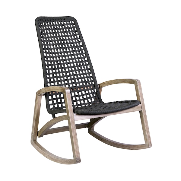 Armen Living Sequoia Outdoor Patio Rocking Chair in Light Eucalyptus Wood and Charcoal Rope - 840254332287