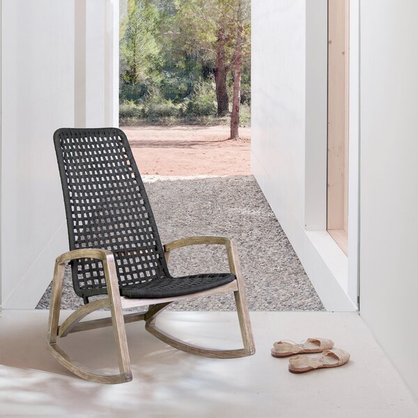 Armen Living Sequoia Outdoor Patio Rocking Chair in Light Eucalyptus Wood and Charcoal Rope - 840254332287