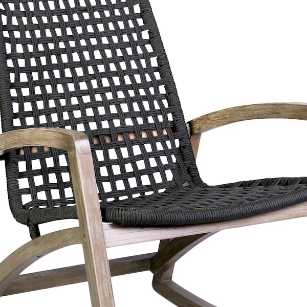 Armen Living Sequoia Outdoor Patio Rocking Chair in Light Eucalyptus Wood and Charcoal Rope - 840254332287