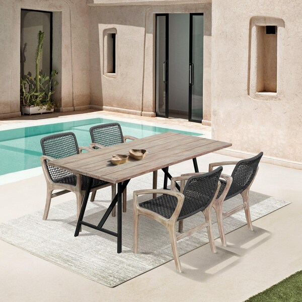 Armen Living Koala and Brighton 5 Piece Outdoor Patio Dining Set in Light Eucalyptus Wood and Charcoal Rope - 840254333703