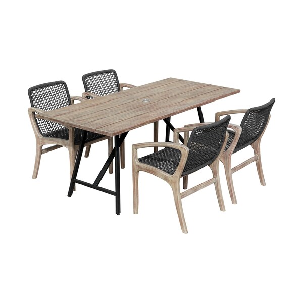 Armen Living Koala and Brighton 5 Piece Outdoor Patio Dining Set in Light Eucalyptus Wood and Charcoal Rope - 840254333703