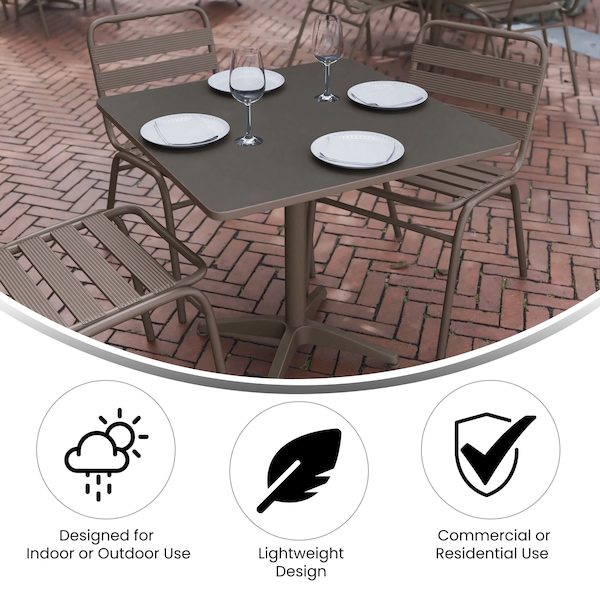 Flash Furniture Lila 31.5in Bronze Square Aluminum Indoor-Outdoor Table Set with 4 Bronze Slat Back Chairs - TLH-ALUM-32SQ-017BZ4-GG