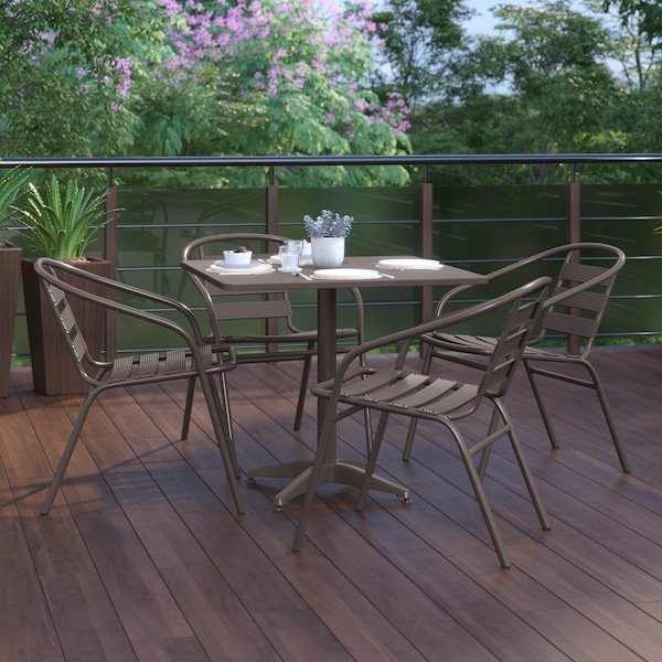 Flash Furniture Lila 31.5in Bronze Square Aluminum Indoor-Outdoor Table Set with 4 Bronze Slat Back Chairs - TLH-ALUM-32SQ-017BZ4-GG