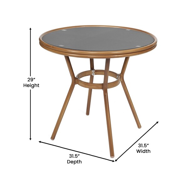 Flash Furniture Marseille French Bistro 31.5in. Table, Black Textilene, Glass Top w/2 Stack Chairs - Natural Frame - SDA-AD641011-80-2107-BK-NAT-GG