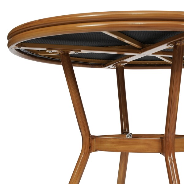 Flash Furniture Marseille French Bistro 31.5in. Table, Black Textilene, Glass Top w/2 Stack Chairs - Natural Frame - SDA-AD641011-80-2107-BK-NAT-GG