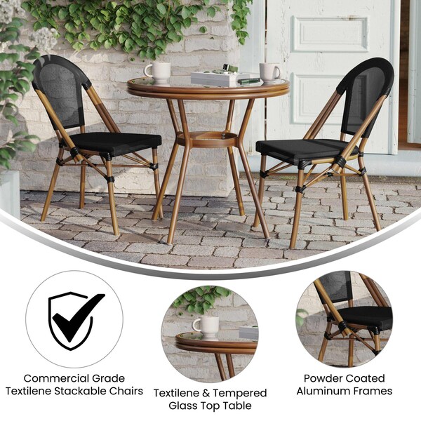 Flash Furniture Marseille French Bistro 31.5in. Table, Black Textilene, Glass Top w/2 Stack Chairs - Natural Frame - SDA-AD641011-80-2107-BK-NAT-GG