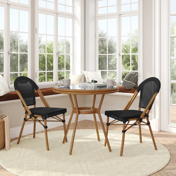 Flash Furniture Marseille French Bistro 31.5in. Table, Black Textilene, Glass Top w/2 Stack Chairs - Natural Frame - SDA-AD641011-80-2107-BK-NAT-GG
