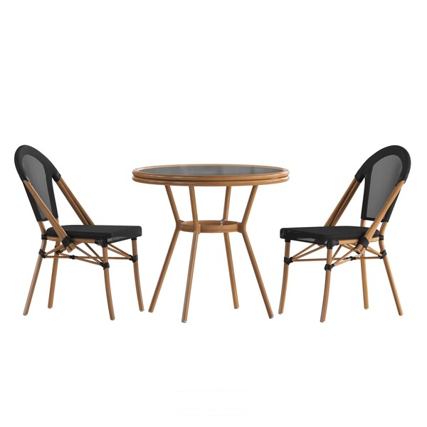 Flash Furniture Marseille French Bistro 31.5in. Table, Black Textilene, Glass Top w/2 Stack Chairs - Natural Frame - SDA-AD641011-80-2107-BK-NAT-GG