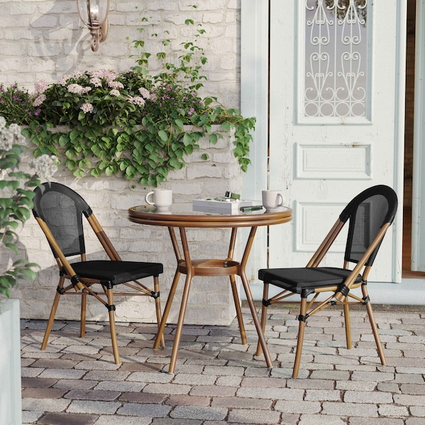 Flash Furniture Marseille French Bistro 31.5in. Table, Black Textilene, Glass Top w/2 Stack Chairs - Natural Frame - SDA-AD641011-80-2107-BK-NAT-GG