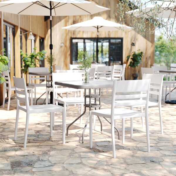 Flash Furniture Bridgeport Stacking Patio Chairs w/Slatted Backrest, All-Weather Resin Chairs, White, 2PK - 2-DHF-317-APP-WH-GG
