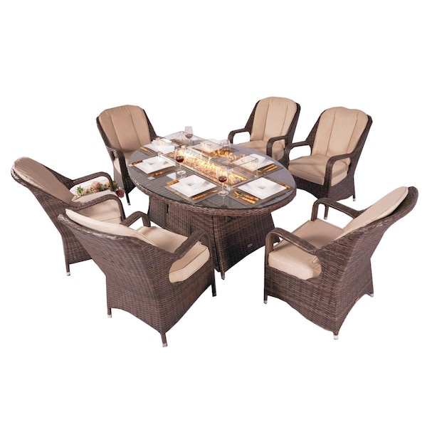 Claustro 7 Piece 6-Seat PE Rattan Wicker Outdoor Patio and Garden Oval Fire Pit Dining Table Chair Set - CL2219766