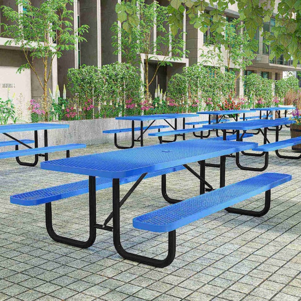 Flash Furniture Mantilla 8' Rectangular Picnic Table w/Mesh Top and Seats and Steel Frame w/Ground Anchors, Blue - SLF-EML96-H60L-BL-GG