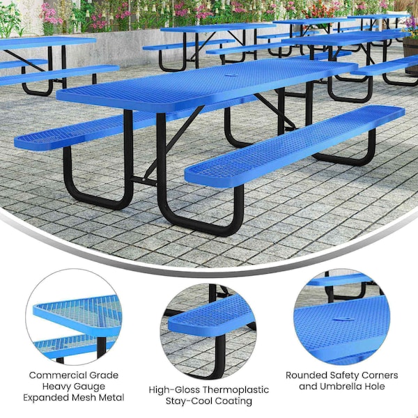 Flash Furniture Mantilla 8' Rectangular Picnic Table w/Mesh Top and Seats and Steel Frame w/Ground Anchors, Blue - SLF-EML96-H60L-BL-GG