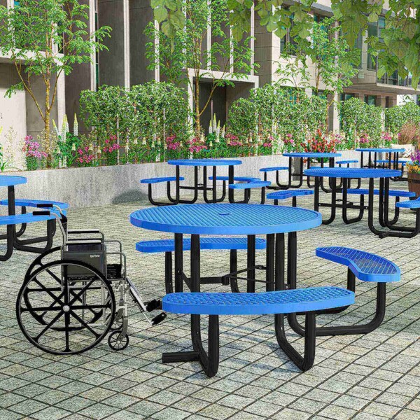 Flash Furniture Creekside 46in. Rnd Picnic Table w/Metal Mesh Seats and Top w/Umbrella Hole and Grnd Anchors, Blue - SLF-EMR46ADA-HL60L-BL-GG