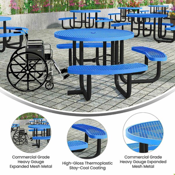 Flash Furniture Creekside 46in. Rnd Picnic Table w/Metal Mesh Seats and Top w/Umbrella Hole and Grnd Anchors, Blue - SLF-EMR46ADA-HL60L-BL-GG