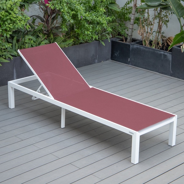 Leisuremod Marlin Patio Chaise Lounge Chair with White Aluminum Frame, Burgundy - MLW-77BRG