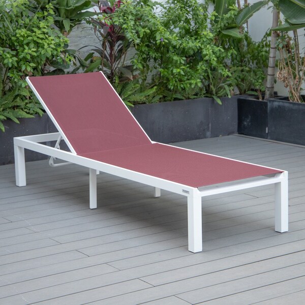 Leisuremod Marlin Patio Chaise Lounge Chair with White Aluminum Frame, Burgundy - MLW-77BRG
