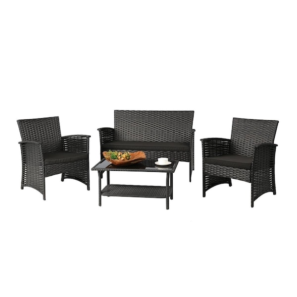 Baner Garden Outdoor Furniture Complete Patio Cushion Wicker Rattan Garden Set Full Size Black 4 Piece - N82