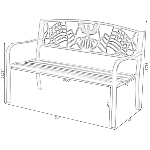 Gardenised Steel Outdoor Patio Garden Park Seating Bench with Cast Iron Patriotic American Flag and Eagle Backrest, Front Porch Yard Bench Lawn Decor - QI003710