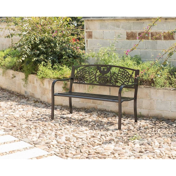 Gardenised Steel Outdoor Patio Garden Park Seating Bench with Cast Iron Patriotic American Flag and Eagle Backrest, Front Porch Yard Bench Lawn Decor - QI003710