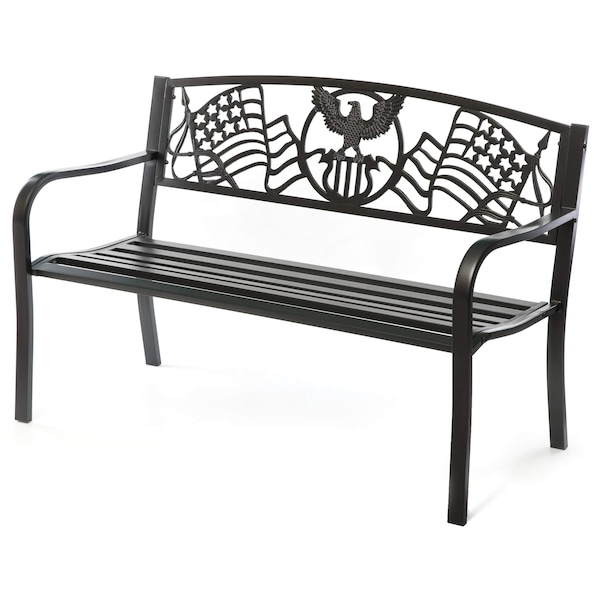 Gardenised Steel Outdoor Patio Garden Park Seating Bench with Cast Iron Patriotic American Flag and Eagle Backrest, Front Porch Yard Bench Lawn Decor - QI003710