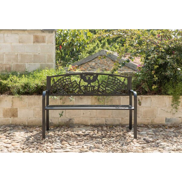 Gardenised Steel Outdoor Patio Garden Park Seating Bench with Cast Iron Patriotic American Flag and Eagle Backrest, Front Porch Yard Bench Lawn Decor - QI003710