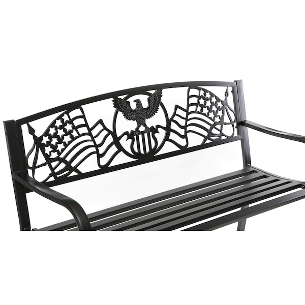 Gardenised Steel Outdoor Patio Garden Park Seating Bench with Cast Iron Patriotic American Flag and Eagle Backrest, Front Porch Yard Bench Lawn Decor - QI003710