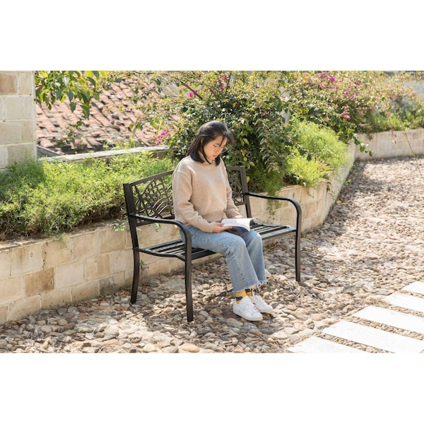 Gardenised Steel Outdoor Patio Garden Park Seating Bench with Cast Iron Patriotic American Flag and Eagle Backrest, Front Porch Yard Bench Lawn Decor - QI003710