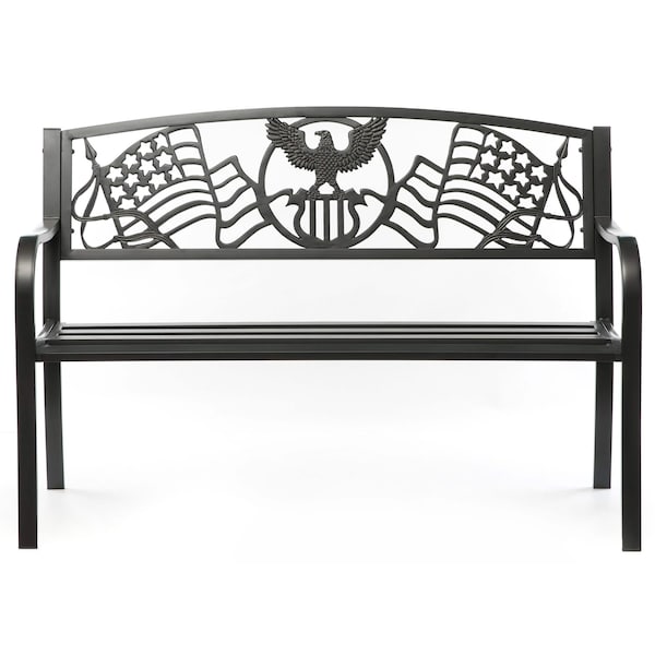 Gardenised Steel Outdoor Patio Garden Park Seating Bench with Cast Iron Patriotic American Flag and Eagle Backrest, Front Porch Yard Bench Lawn Decor - QI003710