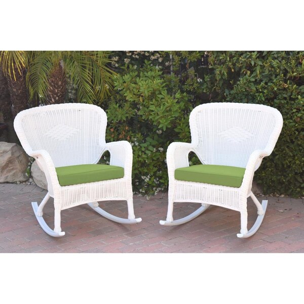 Jeco W00213-R-2-FS029 Windsor White Resin Wicker Rocker Chair with Green Cushion, 2PK - W00213-R_2-FS029