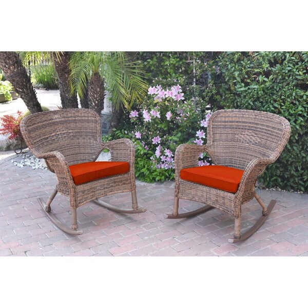 Jeco W00212-R-2-FS018 Windsor Honey Resin Wicker Rocker Chair with Red Cushion, 2PK - W00212-R_2-FS018