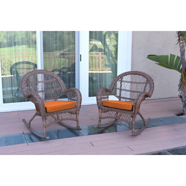 Jeco W00210-R-2-FS016 Santa Maria Honey Wicker Rocker Chair with Orange Cushion, 2PK - W00210-R_2-FS016