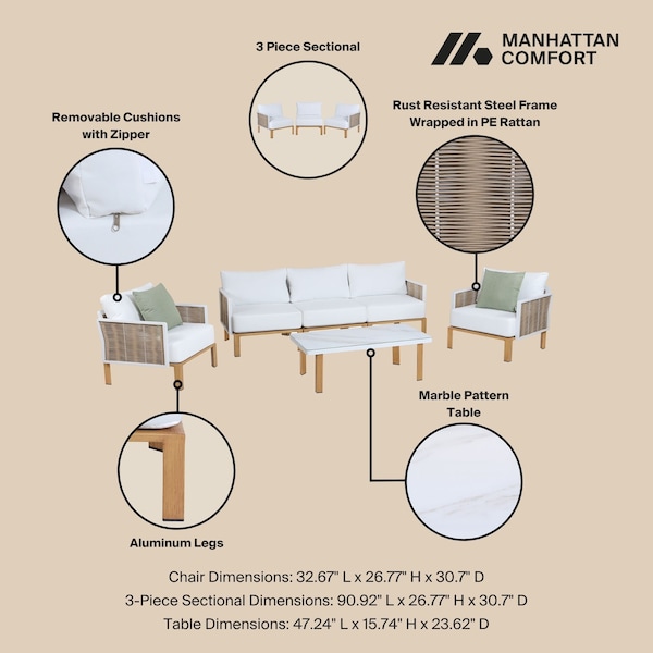 Manhattan Comfort Vine 4-Piece Patio Conversation Set in Cream - OD-CV029-CR