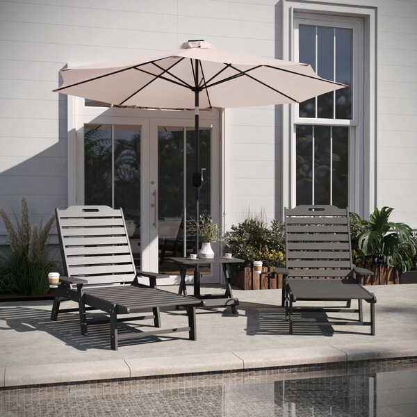 Flash Furniture Monterey 3-Pc Adirondack Set w/2 Adjustable HDPE Loungers w/Cup Holders and Folding Side Table, Gry - LE-HMP-2017-2-T1620H-GY-GG