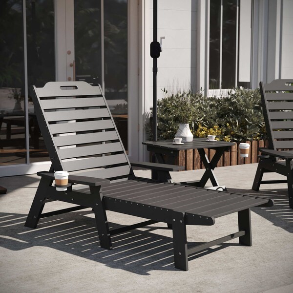 Flash Furniture Monterey 3-Pc Adirondack Set w/2 Adjustable HDPE Loungers w/Cup Holders and Folding Side Table, Gry - LE-HMP-2017-2-T1620H-GY-GG