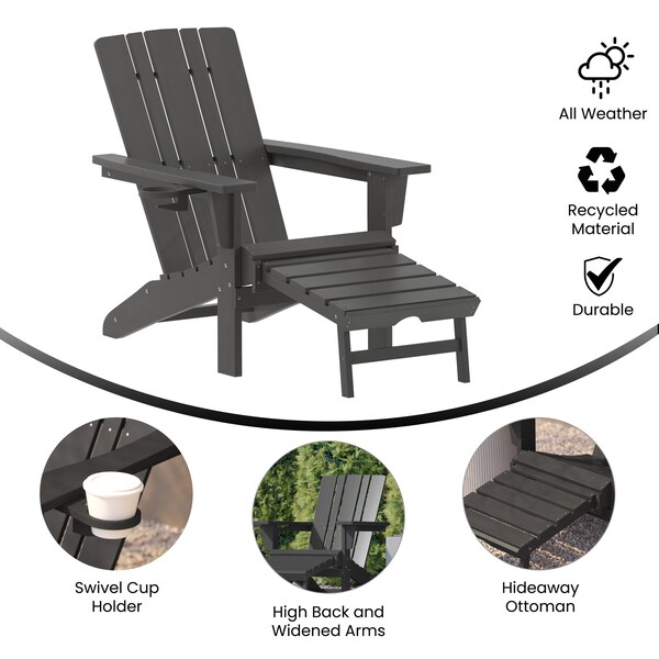 Flash Furniture Gray Adirondack Chair with Ottoman and Cupholder - LE-HMP-1045-110-GY-GG