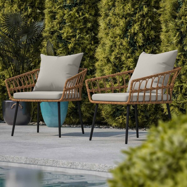 Flash Furniture Natural/Gray PE Rattan Wicker Patio Chairs, 2PK - SB-1960-CH-GY-GG