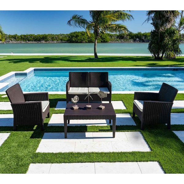 Rainbow Outdoor Nova 4-Piece Settee Set with Loveseat and Cushions-Brown - RBO-NOVA-BRW-4LS