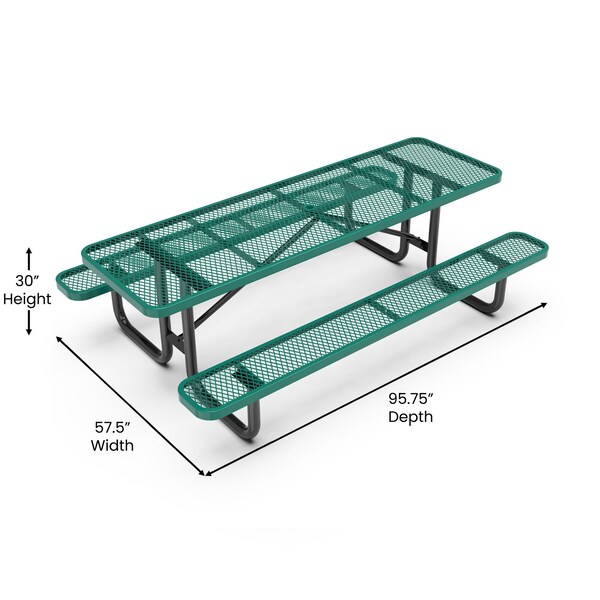 Flash Furniture Mantilla Rectangle Picnic Table, Green, Expanded Metal Mesh Top, Black Frame W/ Anchors, 8 ft L - SLF-EML96-H60L-GN-GG