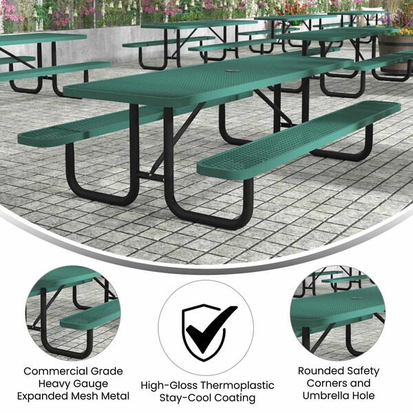 Flash Furniture Mantilla Rectangle Picnic Table, Green, Expanded Metal Mesh Top, Black Frame W/ Anchors, 8 ft L - SLF-EML96-H60L-GN-GG