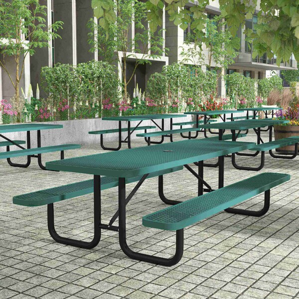 Flash Furniture Mantilla Rectangle Picnic Table, Green, Expanded Metal Mesh Top, Black Frame W/ Anchors, 8 ft L - SLF-EML96-H60L-GN-GG