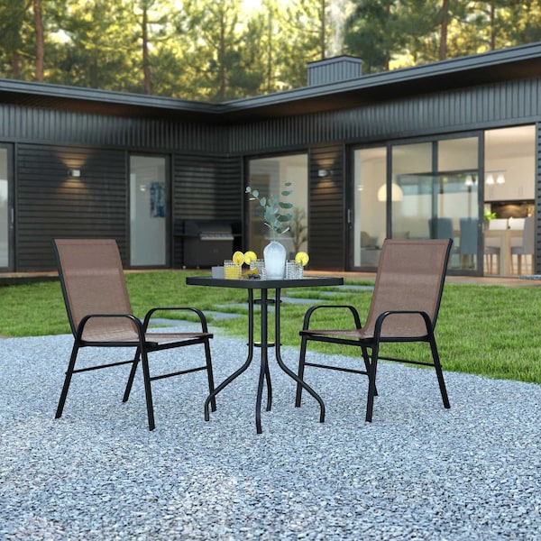 Flash Furniture 3PC Patio Set-23.5SQ Glass Table, 2 Brown Chairs - TLH-073A1303C-BN-GG