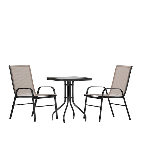 Flash Furniture 3PC Patio Set-23.5SQ Glass Table, 2 Brown Chairs - TLH-073A1303C-BN-GG