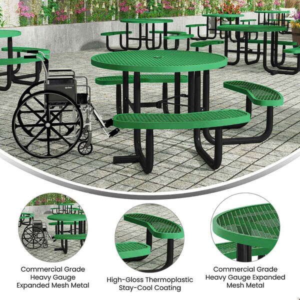 Flash Furniture Creekside 46in. Rnd Picnic Table w/Metal Mesh Seats and Top w/Umbrella Hole and Grnd Anchors, Green - SLF-EMR46ADA-HL60L-GN-GG