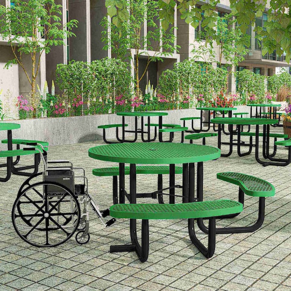 Flash Furniture Creekside 46in. Rnd Picnic Table w/Metal Mesh Seats and Top w/Umbrella Hole and Grnd Anchors, Green - SLF-EMR46ADA-HL60L-GN-GG